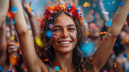 Obraz premium Friends, faces filled with excitement, enjoy a colorful carnival at home