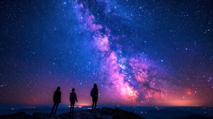 Fototapeta premium Friends, filled with excitement, celebrate joyfully under the starry night sky