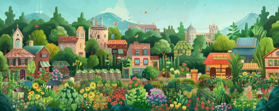 A safe planet backdrop showcasing a thriving community garden with diverse plants, flowers, and vegetables, evoking a sense of community and sustainability.