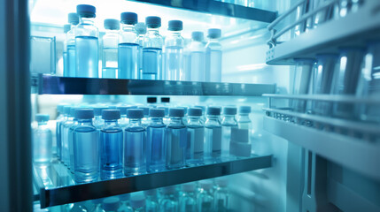 A look into a clinical refrigerator with rows of blue liquid-filled vials, exuding a sense of order, precision, and scientific advancement in a sterile environment.
