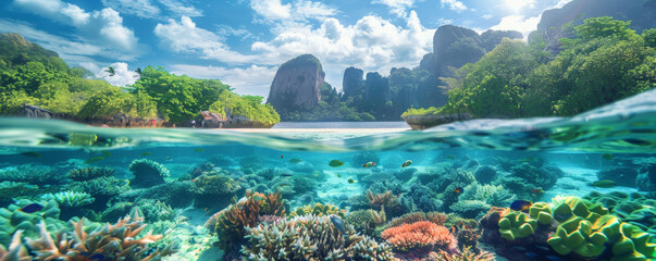 A safe planet backdrop featuring a vibrant coastal area with clean beaches, clear waters, and thriving marine life, symbolizing environmental protection.