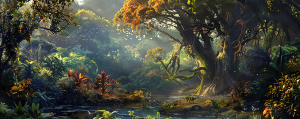 A safe planet backdrop featuring a protected forest reserve, with diverse tree species, vibrant wildlife, and a sense of natural beauty.