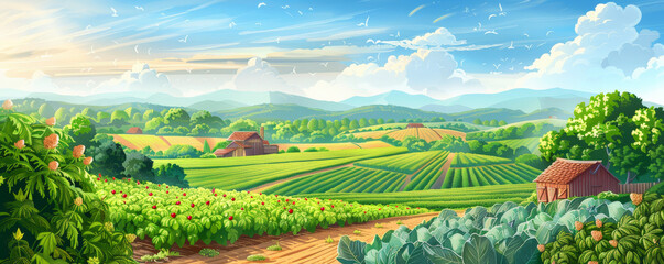 Fototapeta premium A safe planet backdrop with a serene rural landscape, featuring sustainable farming practices, diverse crops, and green fields.