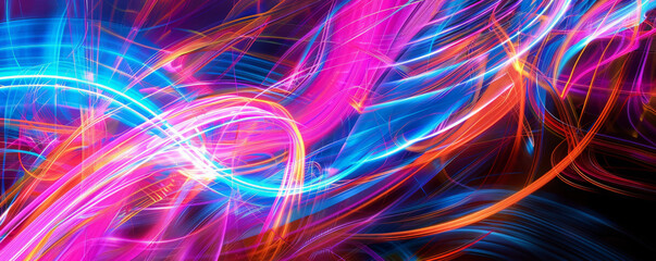 Fototapeta premium A vivid backdrop with dynamic neon light trails forming abstract patterns, glowing brightly against a black background.