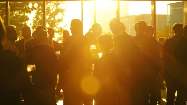 Silhouetted figures bask in a hazy golden glow during a social gathering, capturing the warmth and camaraderie of the moment.