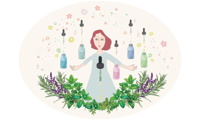 ハーブと精油の香りに包まれて深い深呼吸をしている女性・精油の雫・アロマ