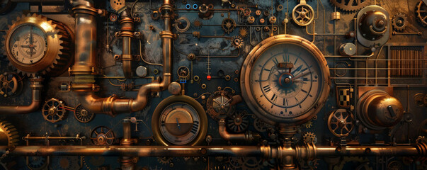 A steampunk mechanical background with brass gears, pipes, and vintage gauges, blending old-world charm with industrial design.