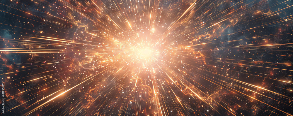 Poster an intense energetic background featuring a central explosion of light with rays and particles radia