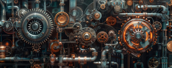 A mechanical background with a network of interconnected gears, pulleys, and belts, creating a sense of mechanical intricacy and synchronization.