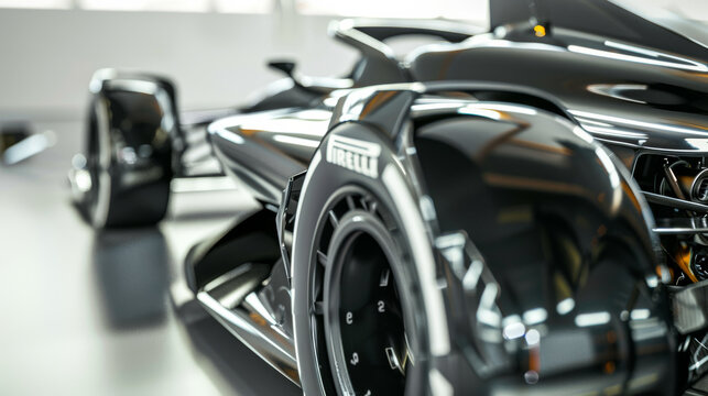 Sleek black race car showcases detailed close-up of tire and suspensions, reflecting modern engineering and speed aesthetics.
