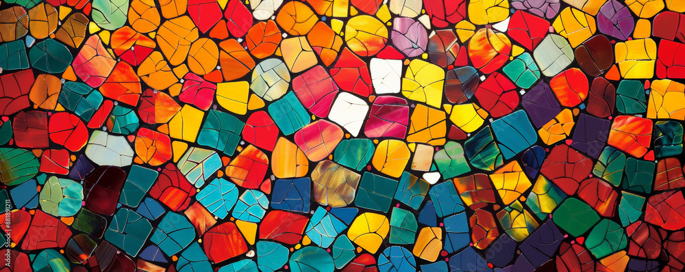Poster a vivid backdrop showcasing a mosaic of colorful tiles arranged in an eye-catching pattern, creating