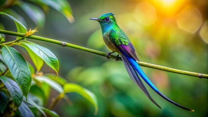 Naklejka premium Vibrant iridescent feathers of beautiful long-tailed sylph hummingbird glisten on attractive branch with lush green leaves and subtle bokeh background.