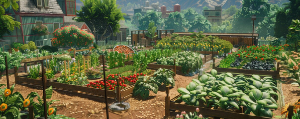 A safe planet backdrop showcasing a thriving community garden with diverse plants, flowers, and vegetables, evoking a sense of community and sustainability.