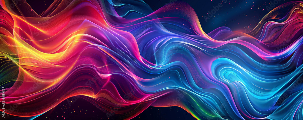 Poster a vivid backdrop showcasing a spectrum of neon colors in swirling, wave-like patterns, creating an e