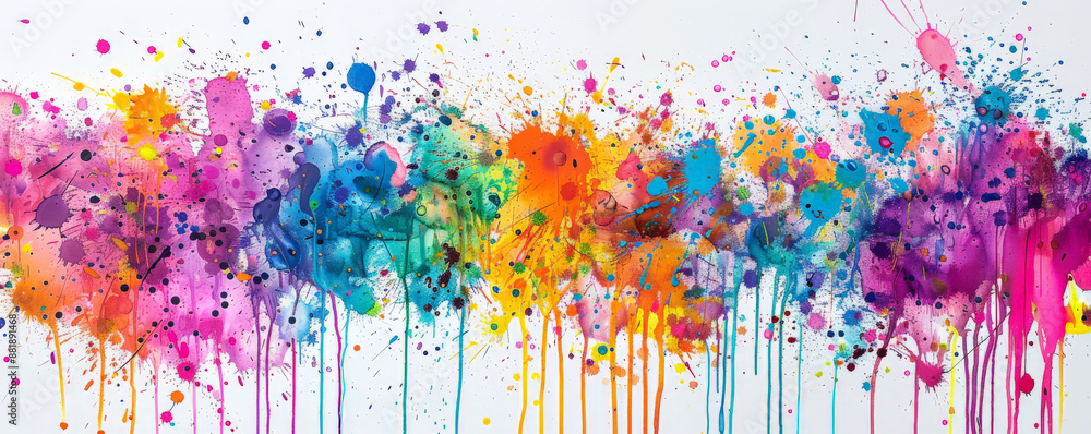 Poster a vivid backdrop with a dynamic explosion of colorful paint splatters and drips, creating an energet