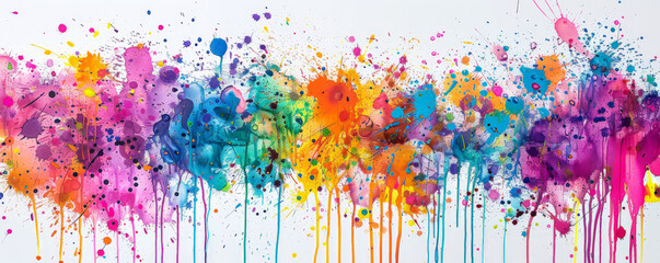 A vivid backdrop with a dynamic explosion of colorful paint splatters and drips, creating an energetic and lively atmosphere.