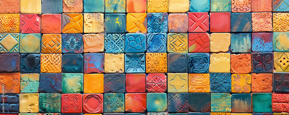 Poster a vivid backdrop featuring a mosaic of vibrant tiles arranged in an intricate pattern, creating a li