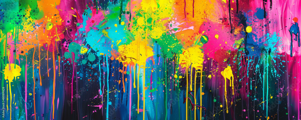 Poster a vivid backdrop with a bold, colorful explosion of paint splatters and drips, creating an energetic