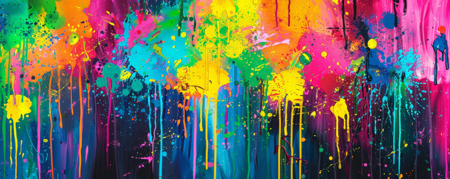 A vivid backdrop with a bold, colorful explosion of paint splatters and drips, creating an energetic and dynamic visual effect.