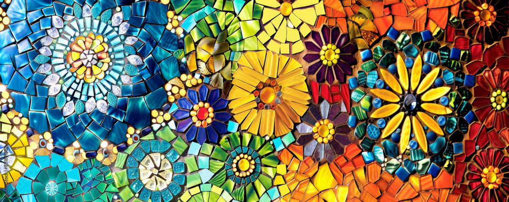 Poster a vivid backdrop featuring a mosaic of vibrant tiles arranged in an intricate pattern, creating a li