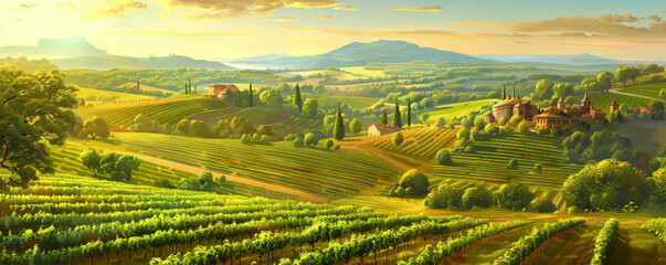 A safe planet backdrop with a serene rural landscape, featuring sustainable farming practices, diverse crops, and green fields.