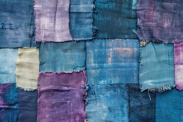 A patchwork quilt made of blue and purple fabric. The quilt is made up of many different pieces of fabric, and the colors are bright and vibrant. The quilt has a patchwork design