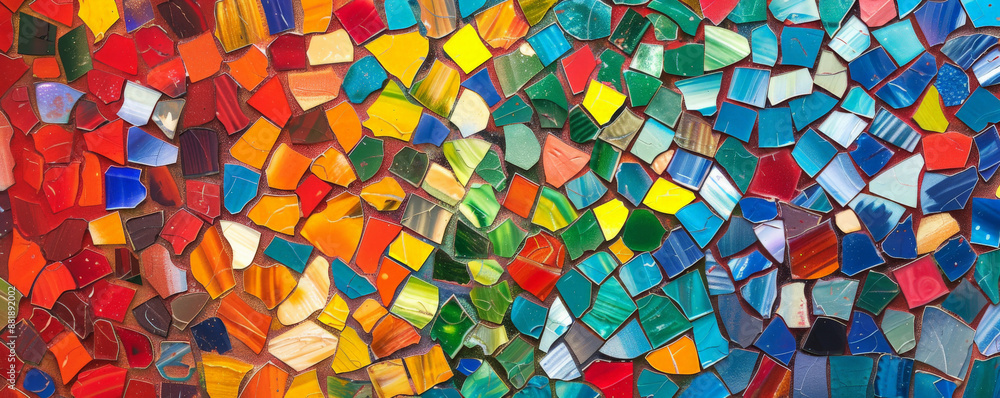Poster a vivid backdrop showcasing a mosaic of colorful tiles arranged in a lively pattern, creating a vibr