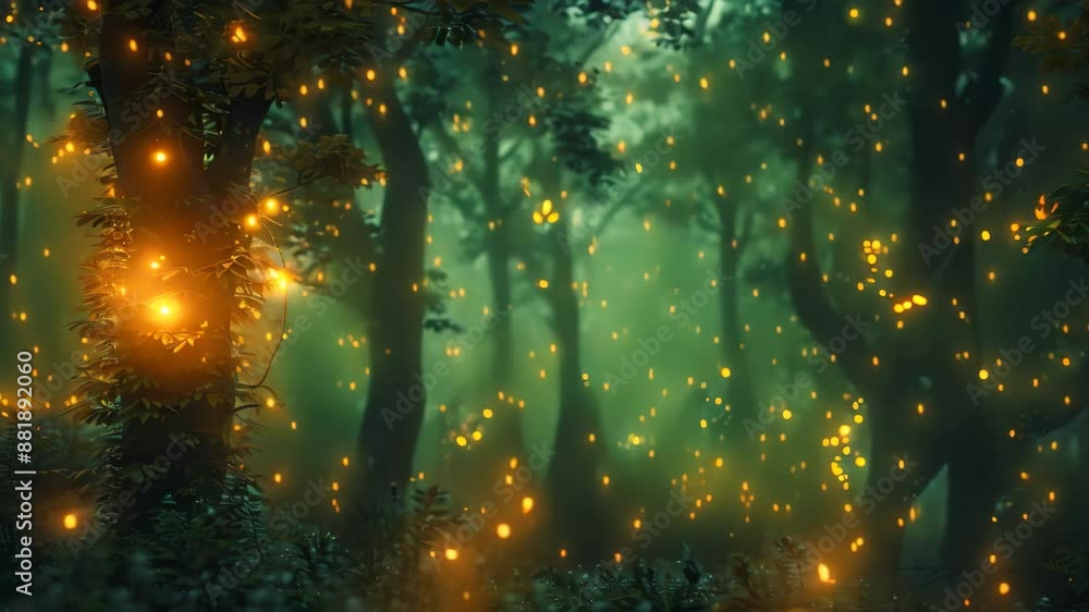 Poster a forest filled with numerous fireflies glowing in the dark, creating a magical and enchanting scene