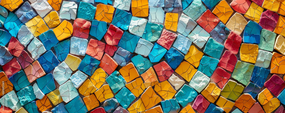 Poster a vivid backdrop showcasing a mosaic of colorful tiles arranged in a lively pattern, creating a vibr