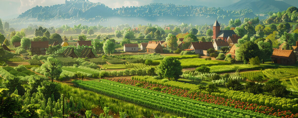 A safe planet backdrop with a serene rural landscape, featuring sustainable farming practices, diverse crops, and green fields.