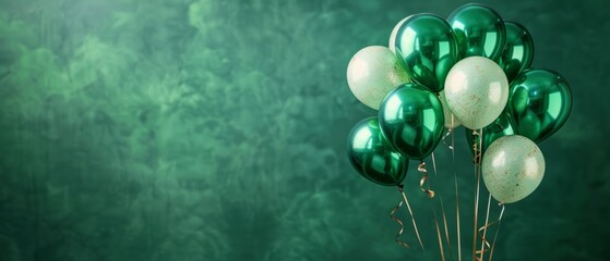 St. Patrick's Day card with Irish colored balloons on a green background, space for text.	