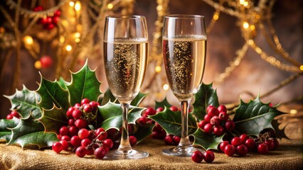 Sparkling crystal champagne flutes with golden rims, adorned with festive holly and red berries, overflow with effervescent champagne on velvet background.