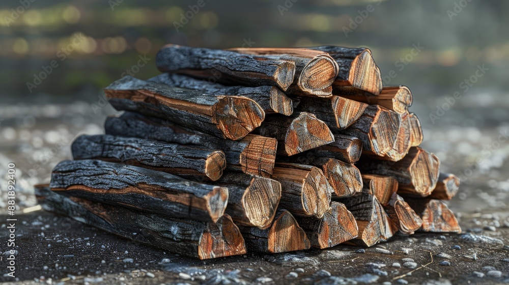 Poster a pile of wood is stacked on top of each other. the wood is old and has a rustic appearance. the pil