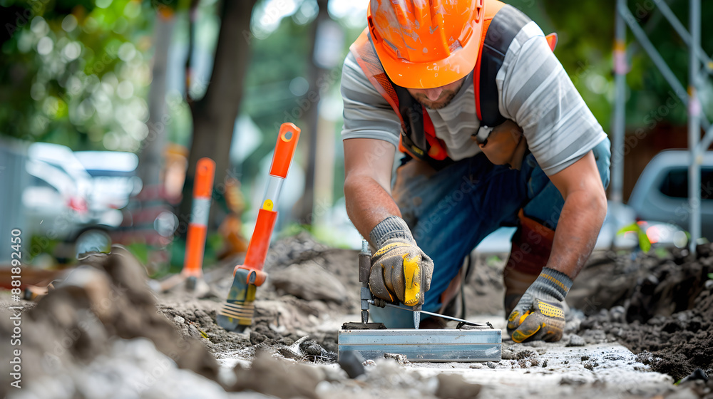 Wall mural Construction worker using a transit level to align grade stakes in preparation for building.