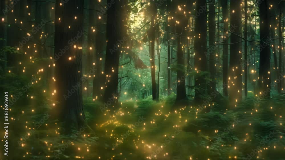 Poster luminous fireflies illuminate a dense forest filled with towering trees, mystical forest with glowin
