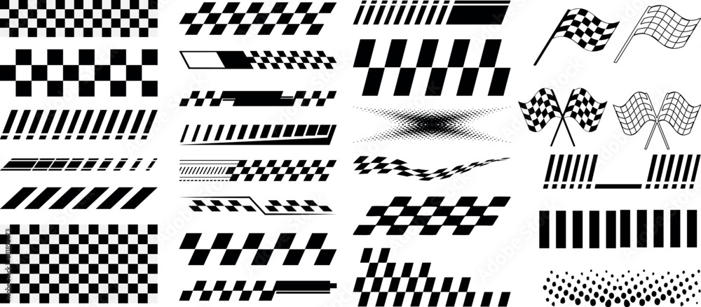 Wall mural racing stripe banners, checkered pattern vector set, flag, speed line design vector graphics for mot