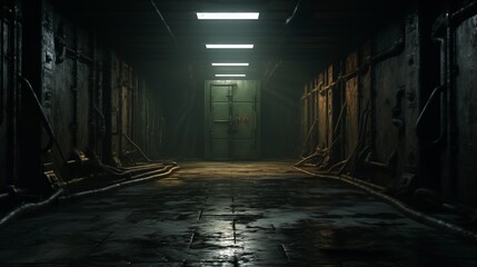 Dark, Abandoned Industrial Corridor with Overhead Lighting and Rusty Metal Pipes