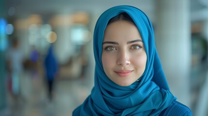 hijab girl, as a bank customer service, smiling, facing to camera