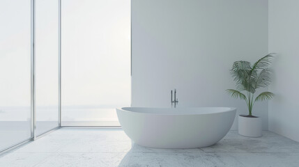 Fototapeta premium Large, elegant, white bathtub against an expansive window in a minimalist bathroom filled with natural sunlight.