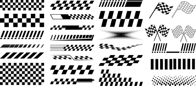 Racing stripe banners, checkered pattern vector set,  flag, speed line design vector graphics for motorsports, car racing, track finishing