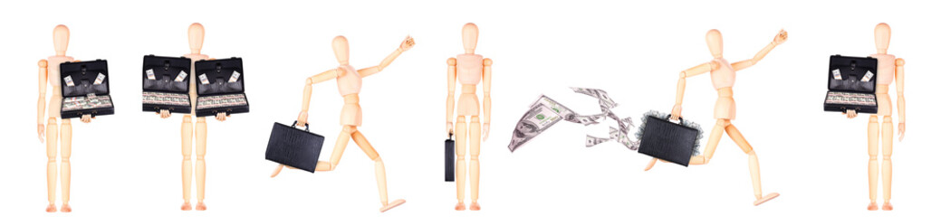 Assortment of wooden mannequins in different stances, isolated on white backdrop