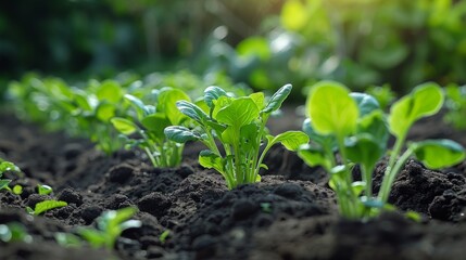 Obraz premium Vibrant Green Plants Growing in Rich Soil Under Soft Sunlight