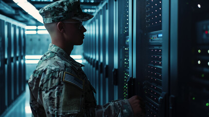 A soldier in camouflage uniform is monitoring equipment in a data center, illustrating the intersection of military and technology.