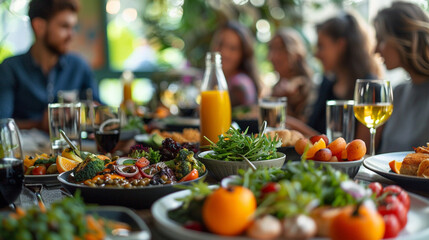 Fototapeta premium Steaming platters of food line a restaurant table, ready for guests to enjoy a catered buffet dinner