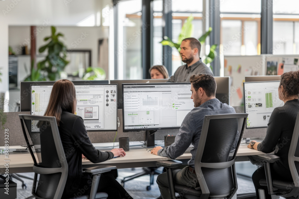 Poster software developers working with program code on computer in modern company office