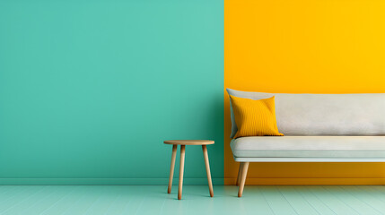 Scandi living room: birch side table, linen throw, split complementary color scheme