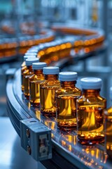 Automated Pharmaceutical Production Line with Bottles of Medicine on Conveyor Belt in Modern Factory