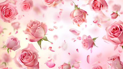 Flower roses frame on pink pastel background, Floral monochrome backdrop for your design,Rose flowers frame on pink background, Top view Copy space