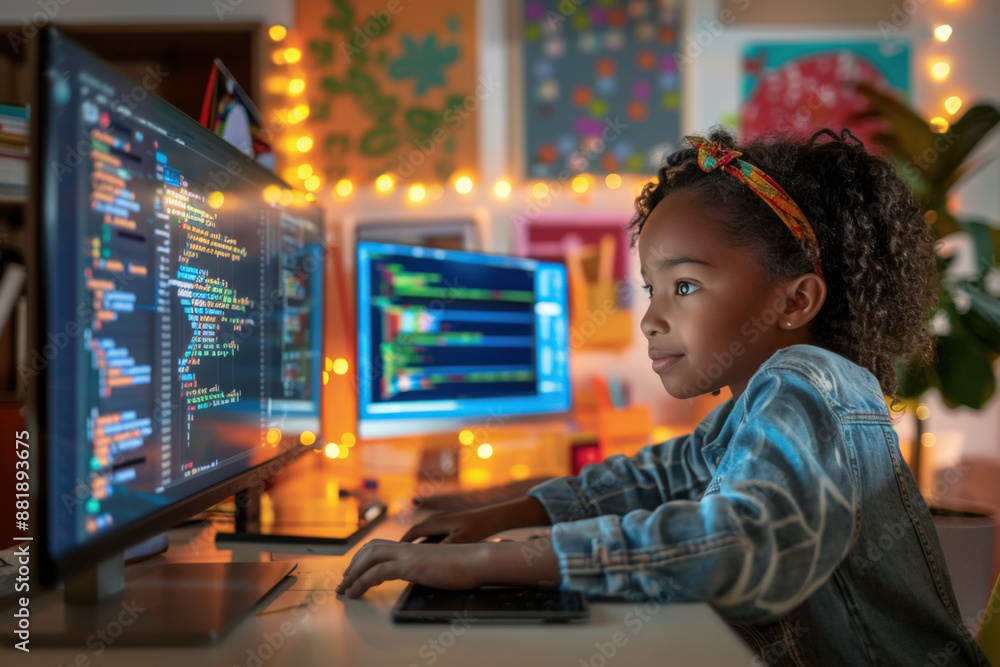 Poster young student fully focused on programming late at night, typing code on her computer screen with de