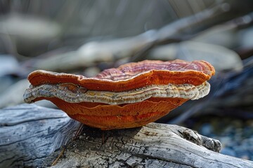A large mushroom is sitting on a log. The mushroom is orange and has a brown cap. The log is covered in moss and has a rough texture